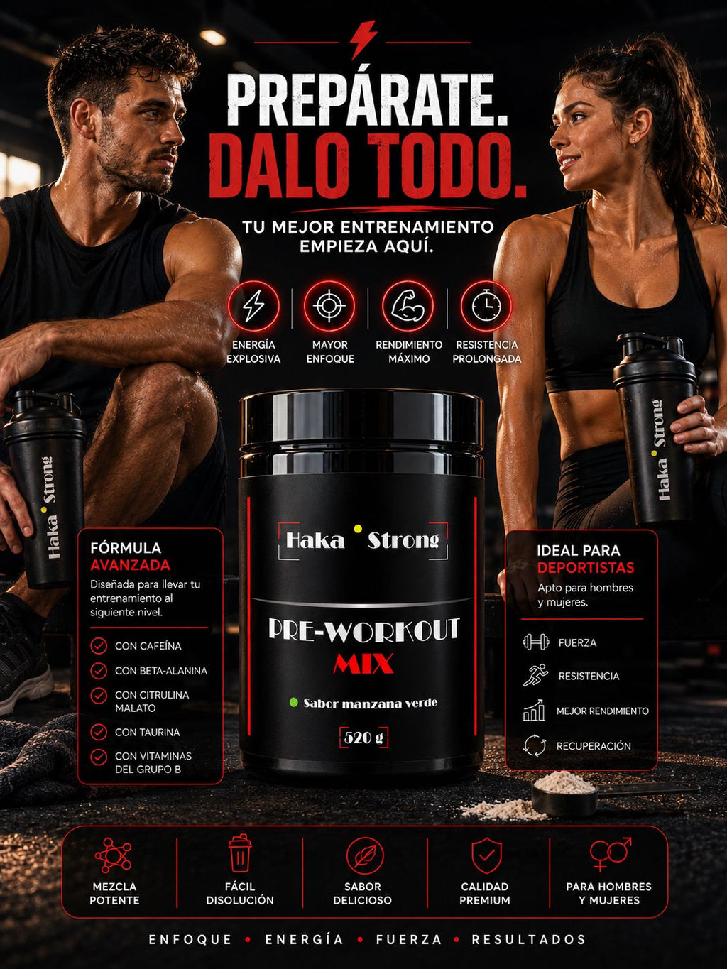 Pack Entrenamiento Rendimiento Total Haka Strong - Creatina Monohidrato 500 g + Pre-Workout Mix 520 g