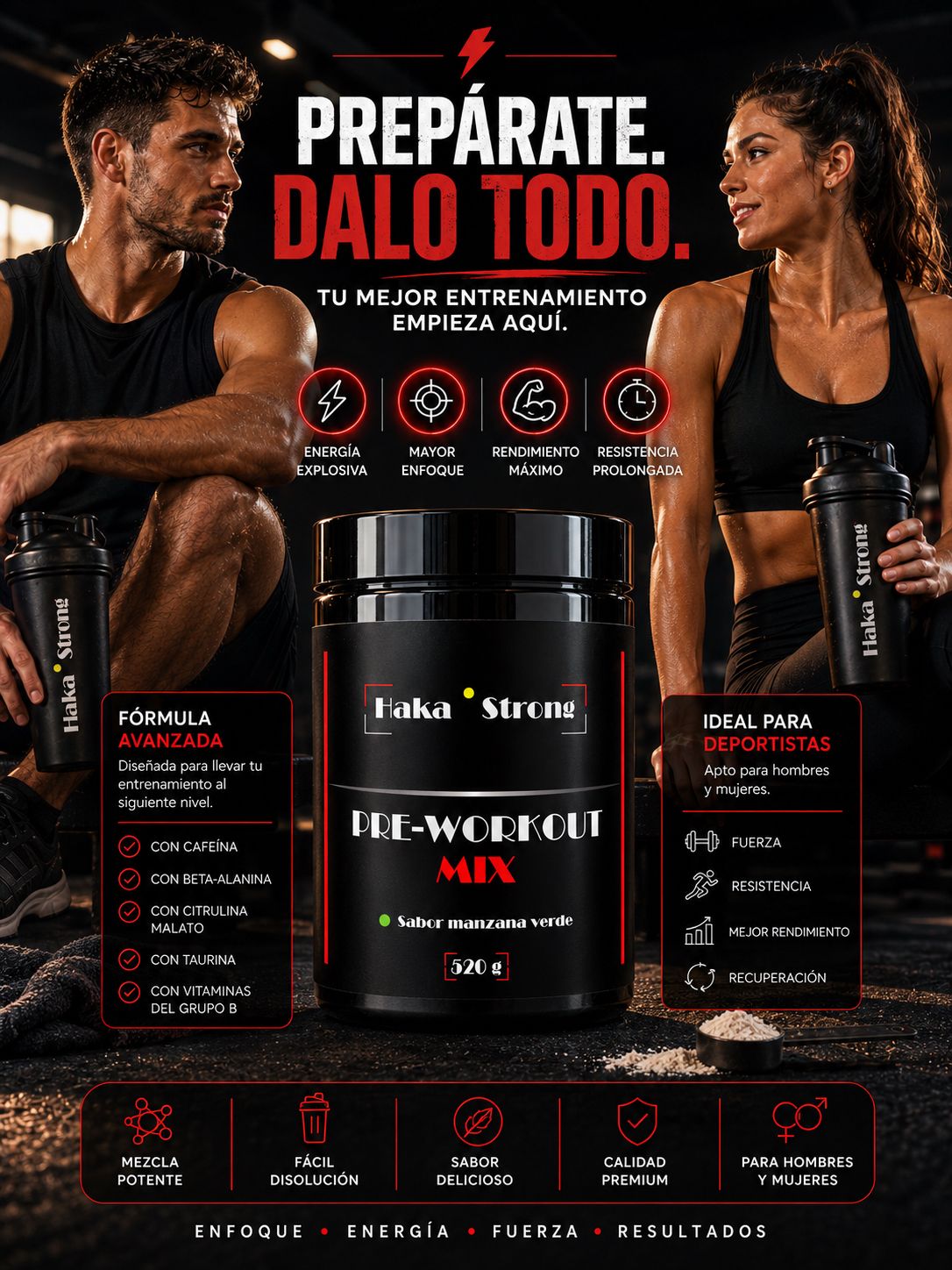 Pack Entrenamiento Rendimiento Total Haka Strong - Creatina Monohidrato 500 g + Pre-Workout Mix 520 g