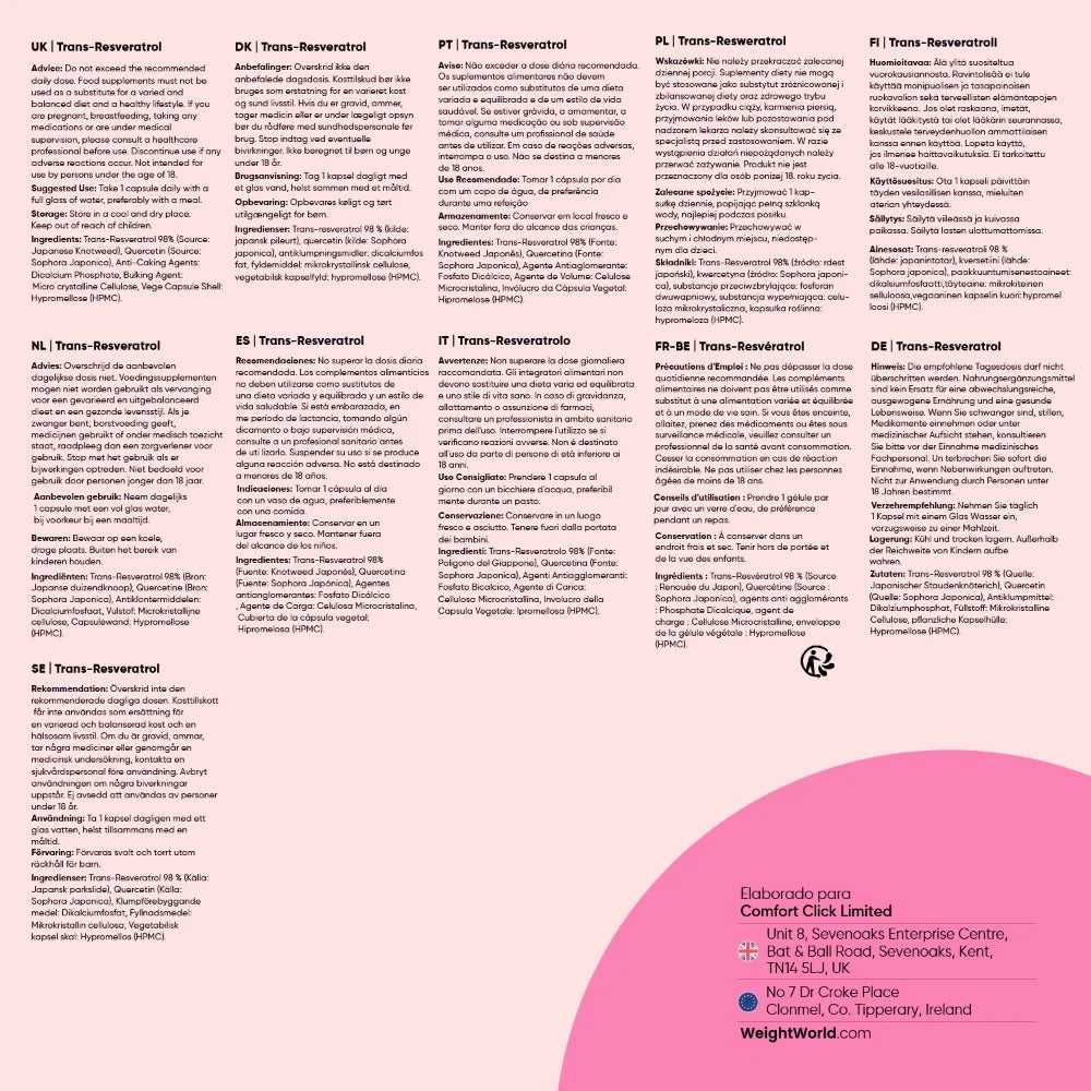 Etiqueta multilingüe de Trans-Resveratrol con Quercetina