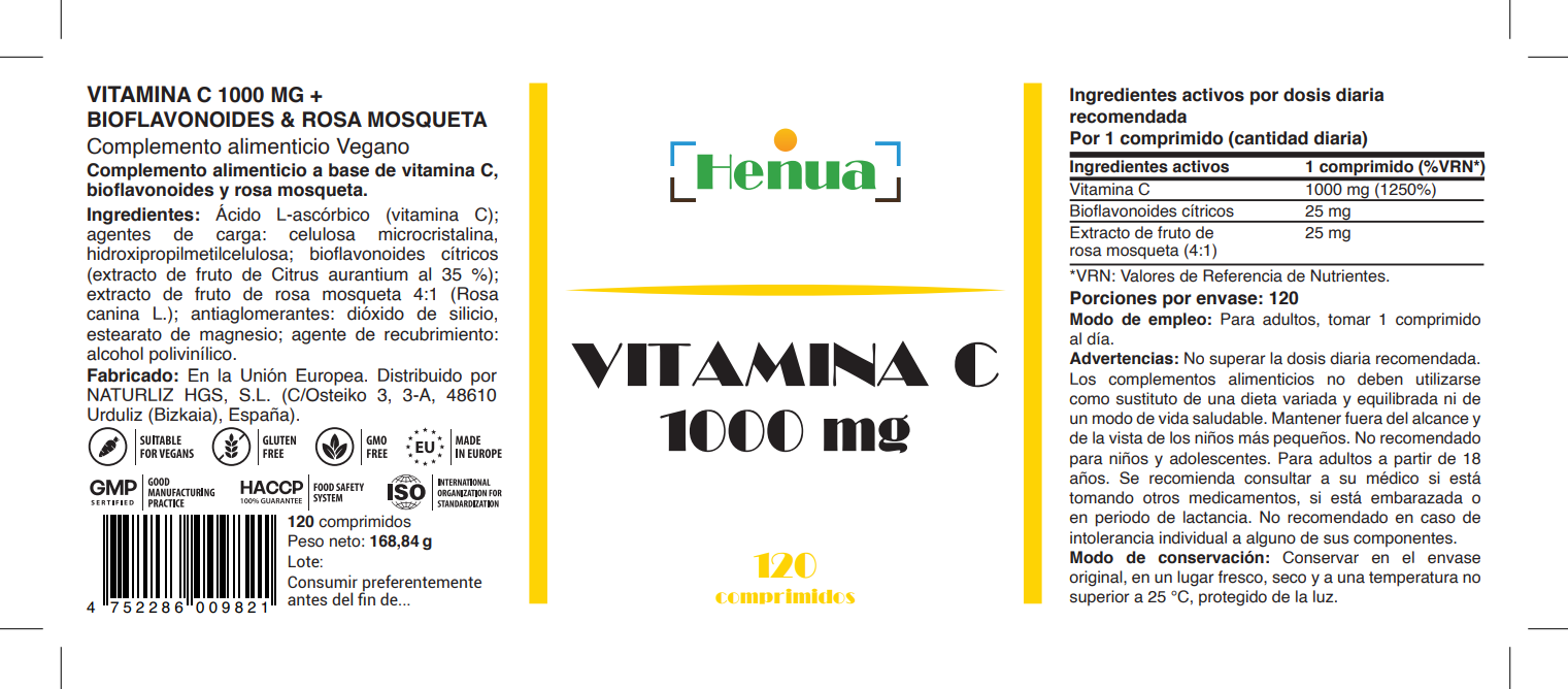 Vitamina C 1000 mg Henua - 120 Comprimidos con Bioflavonoides Cítricos y Rosa Mosqueta - Sistema Inmunitario y Antioxidante