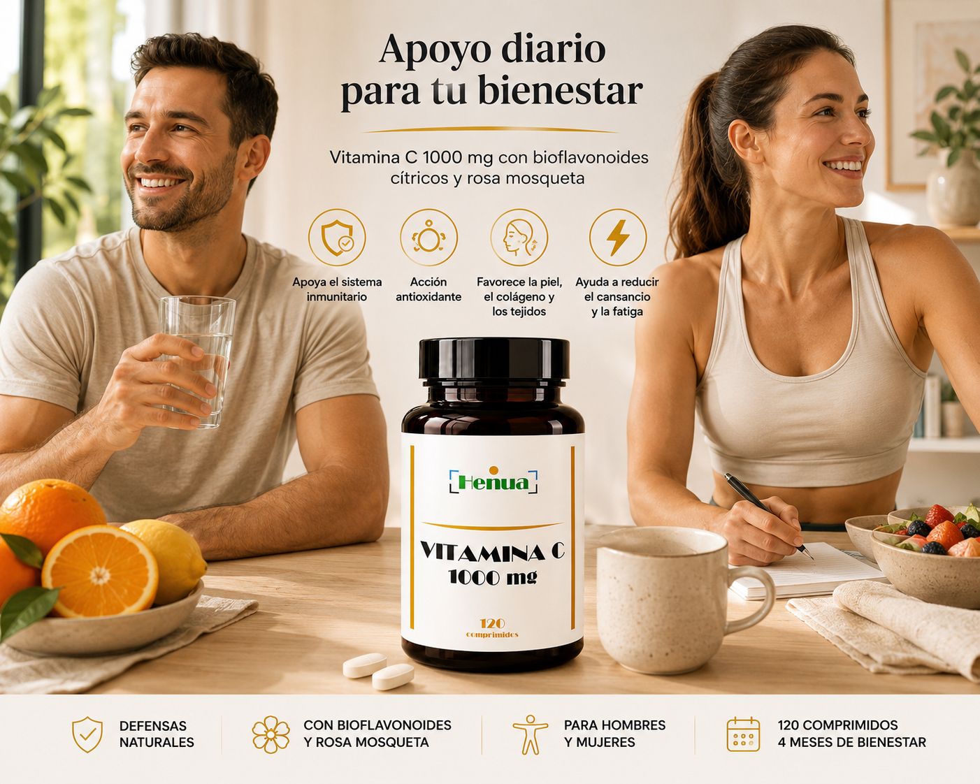 Vitamina C 1000 mg Henua - 120 Comprimidos con Bioflavonoides Cítricos y Rosa Mosqueta - Sistema Inmunitario y Antioxidante