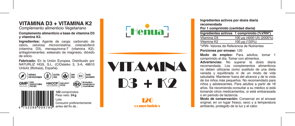 Vitamina D3 + K2 Henua - 120 Comprimidos - Salud Ósea y Muscular - Apoyo al Sistema Inmunitario