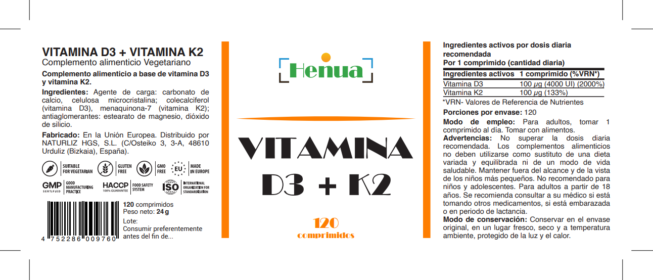 Vitamina D3 + K2 Henua - 120 Comprimidos - Salud Ósea y Muscular - Apoyo al Sistema Inmunitario