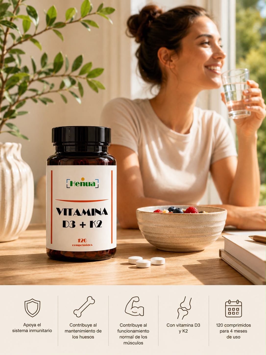 Vitamina D3 + K2 Henua - 120 Comprimidos - Salud Ósea y Muscular - Apoyo al Sistema Inmunitario