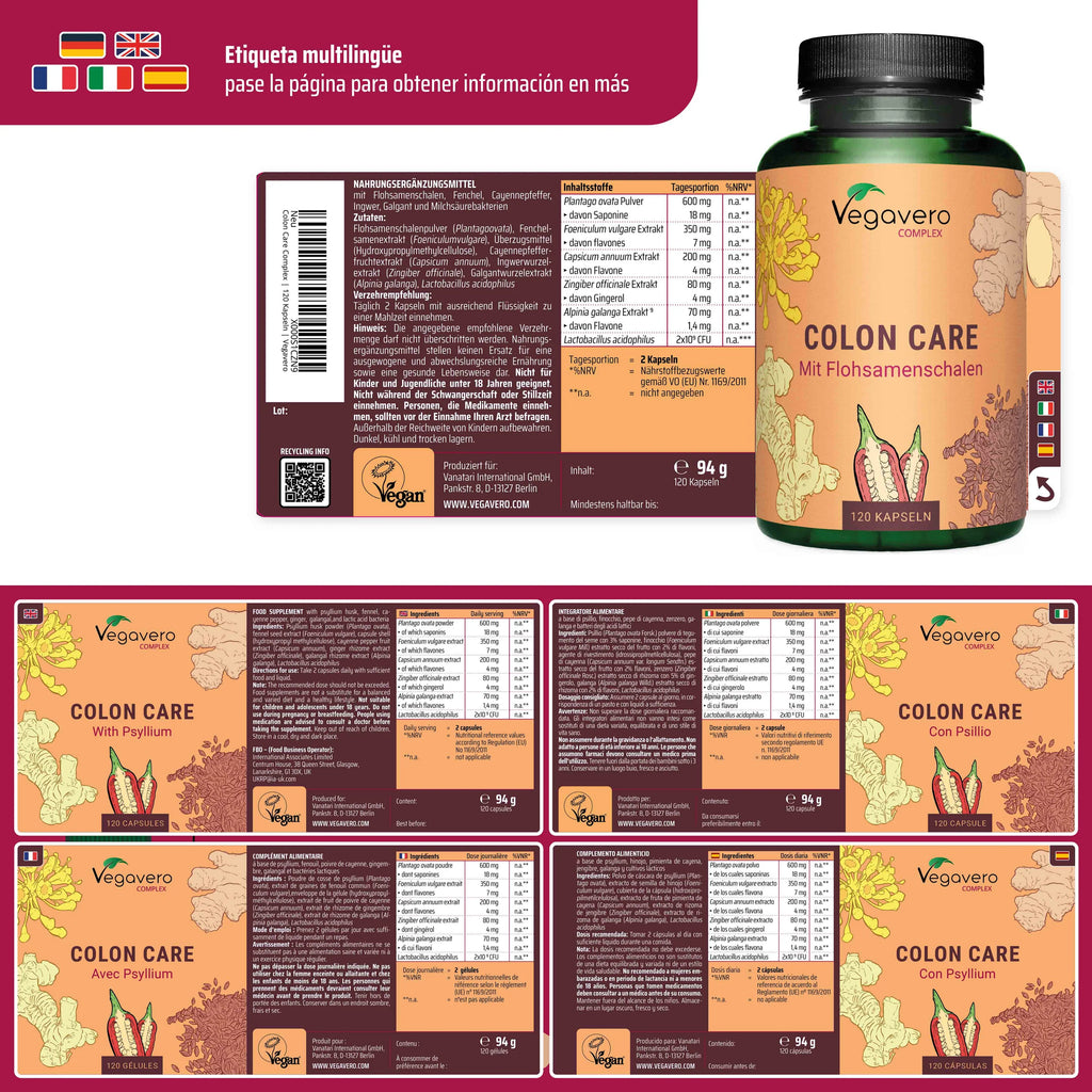 VEGAVERO Colon Care Complex con Psilio. 120 Cápsulas.