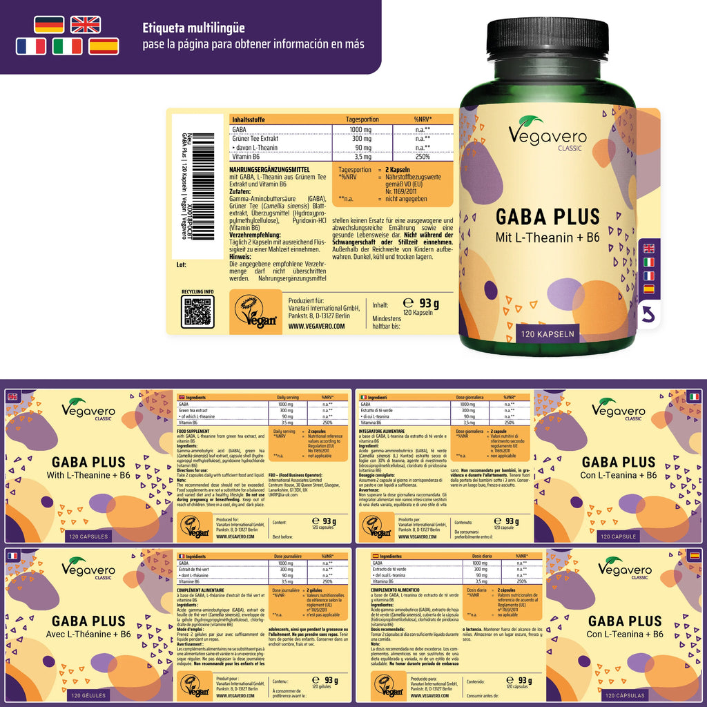 VEGAVERO GABA Plus con L-Teanina + B6. 120 Cápsulas.