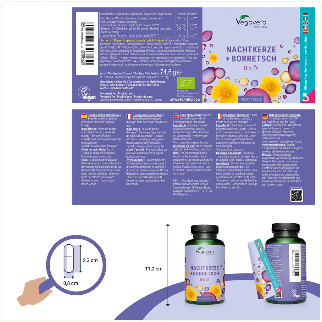 VEGAVERO Aceite de Onagra + Borraja Orgánico. 90 Cápsulas.