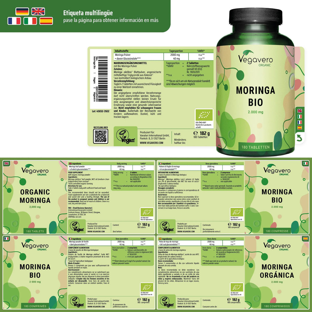 VEGAVERO Moringa Orgánica Oleifera. 180 Comprimidos.
