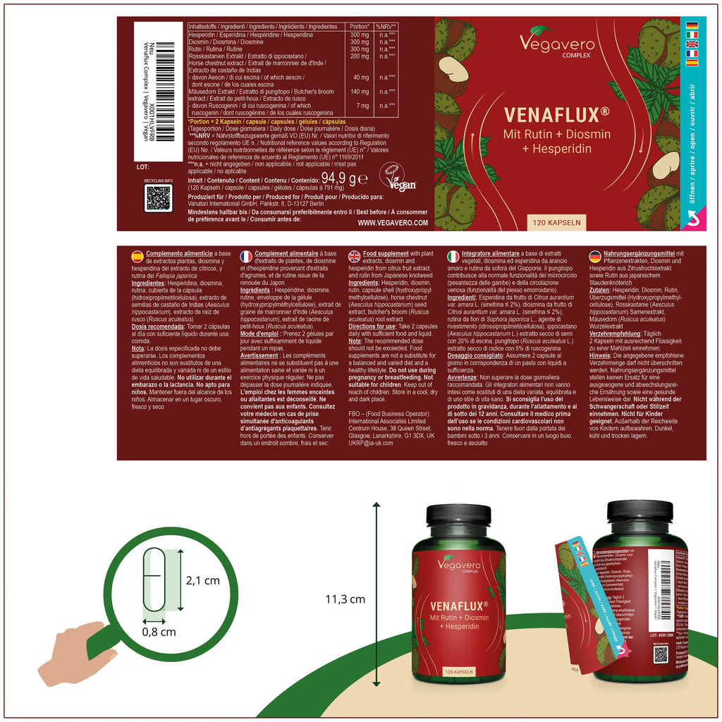 VEGAVERO Venaflux Complex con Rutina + Diosmina. 120 Cápsulas.