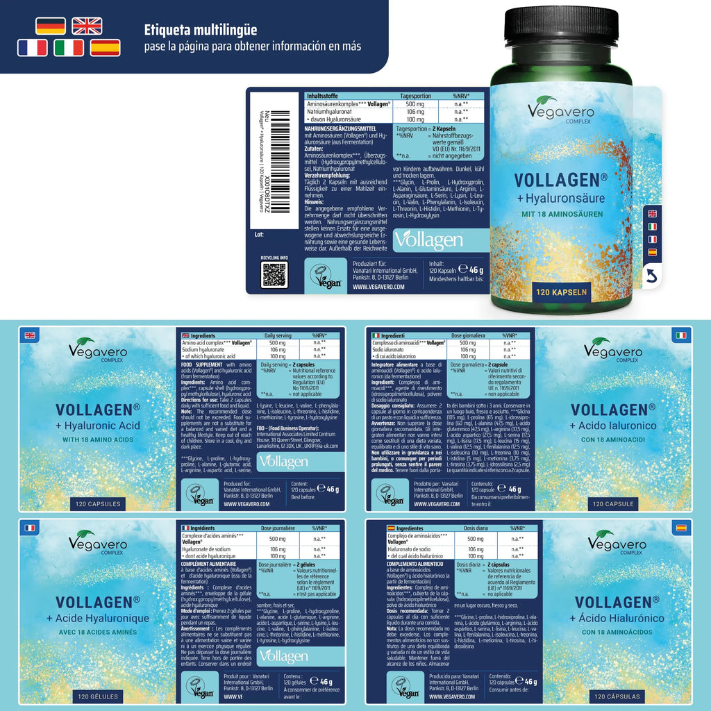VEGAVERO Vollagen + Ácido Hialurónico Complex. 120 Cápsulas.