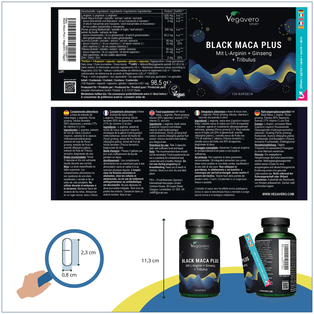 VEGAVERO Maca Negra Plus con L-Arginina + Ginseng + Tribulus. 120 Cápsulas.