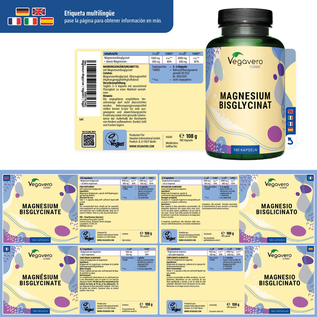 VEGAVERO Magnesio Bisglicinato. 180 Cápsulas.