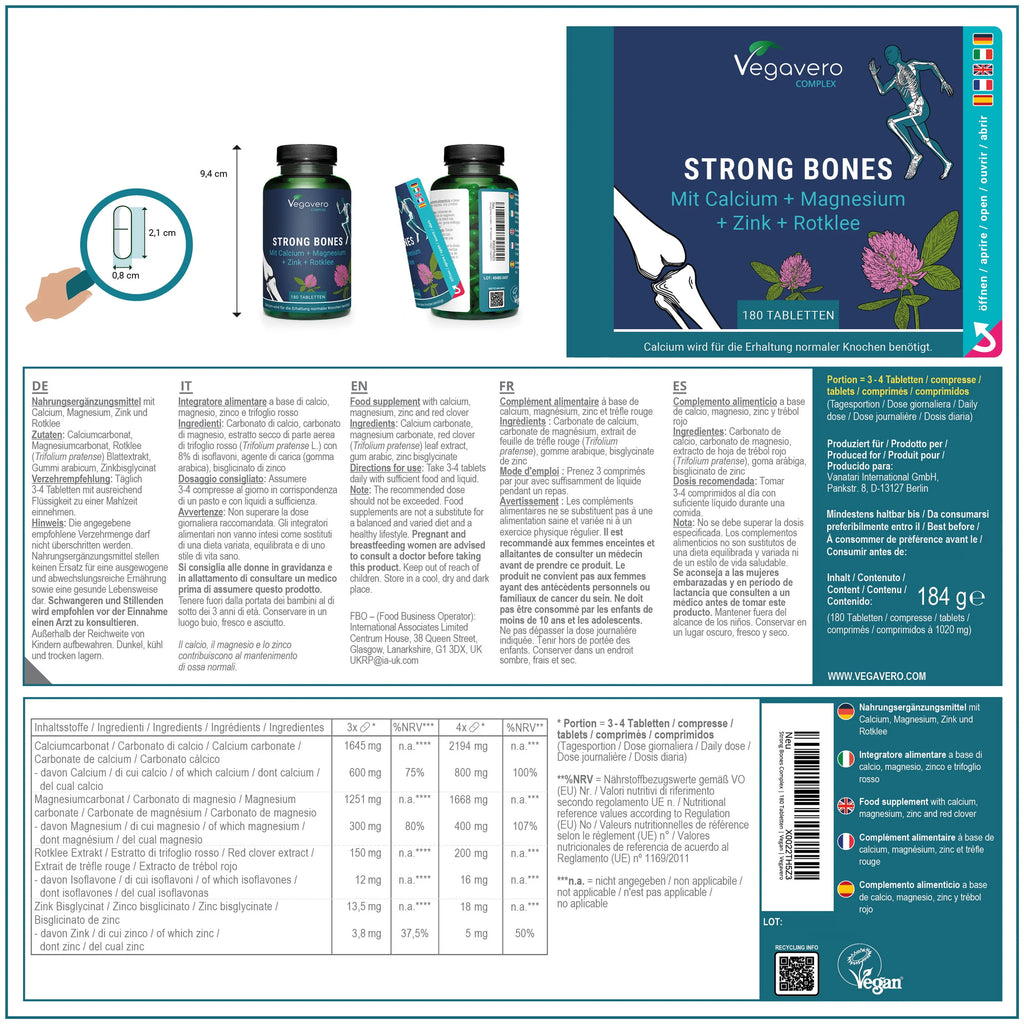 VEGAVERO Strong Bones Complex. 180 Comprimidos.