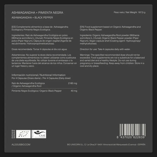Ashwagandha con Pimienta Negra Ecológica | Reduce Estrés y Ansiedad | Energía y Equilibrio Mental | Alta Absorción Aldous