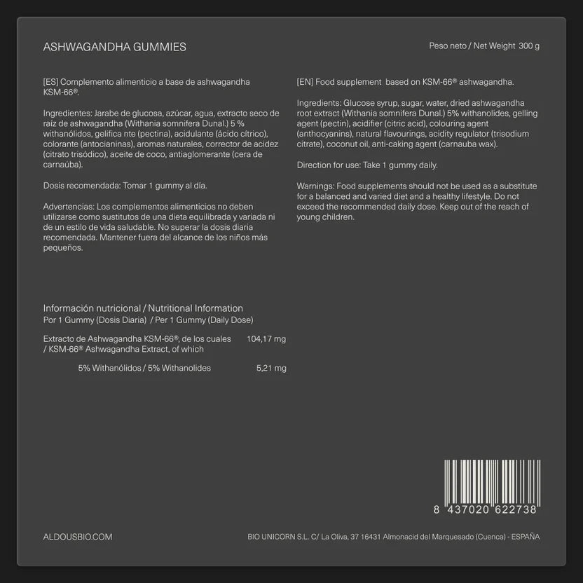 Ashwagandha KSM-66 en Gominolas – Antiestrés, Ansiedad, Energía y Equilibrio Hormonal – Bienestar Mental y Físico Aldous