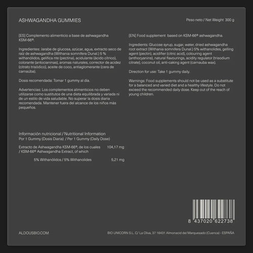Ashwagandha KSM-66 en Gominolas – Antiestrés, Ansiedad, Energía y Equilibrio Hormonal – Bienestar Mental y Físico Aldous