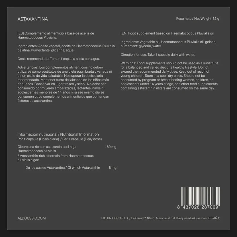 Astaxantina Antioxidante 8 mg | Antiaging, Protección Celular, Piel y Visión – Alta Potencia Aldous