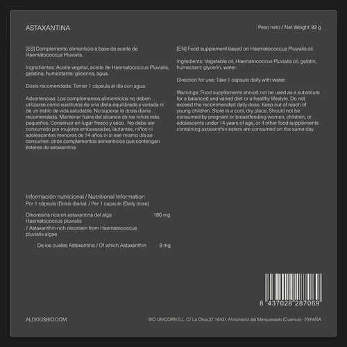 Astaxantina Antioxidante 8 mg | Antiaging, Protección Celular, Piel y Visión – Alta Potencia Aldous
