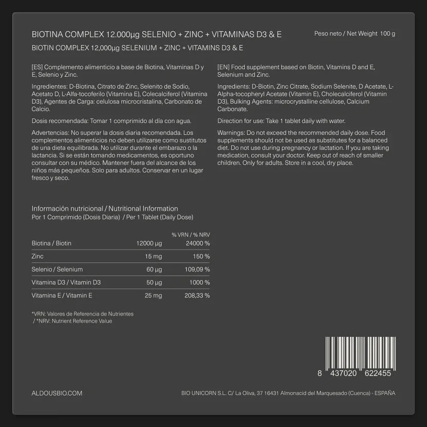 Biotina Complex con Zinc, Selenio, Vitamina D3 y E | Cabello, Piel y Uñas – Fórmula Completa Aldous