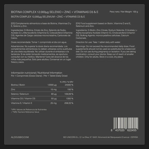 Biotina Complex con Zinc, Selenio, Vitamina D3 y E | Cabello, Piel y Uñas – Fórmula Completa Aldous