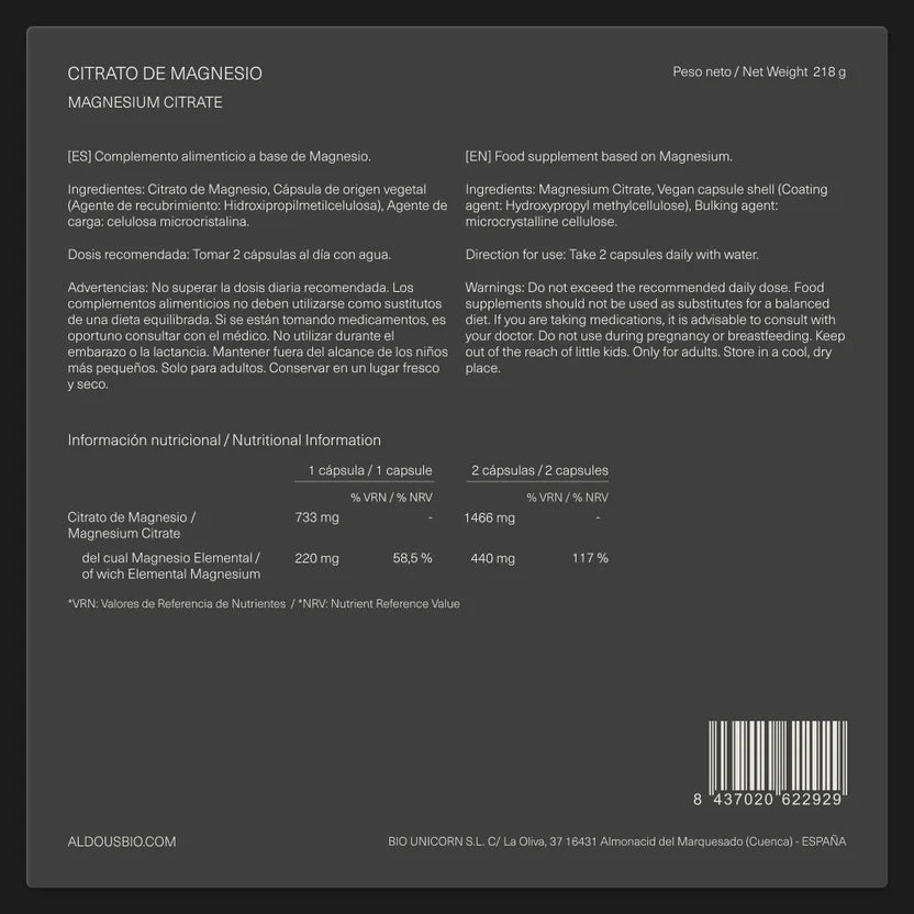 Aldous Magnesium Citrate 440mg Elemental - 250 Vegetable Capsules Muscles and Energy