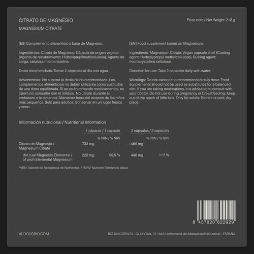 Aldous Magnesium Citrate 440mg Elemental - 250 Vegetable Capsules Muscles and Energy