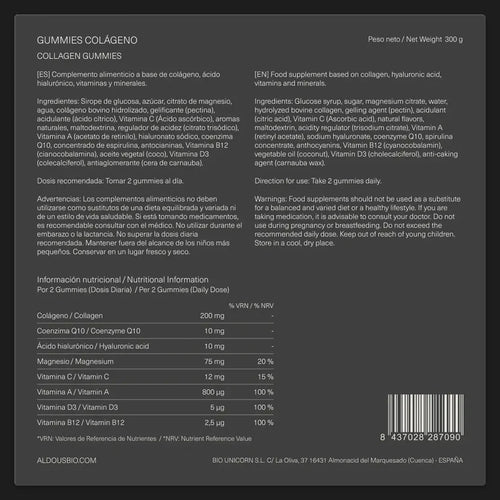 Colágeno Hidrolizado en Gominolas con Ácido Hialurónico, Q10, Magnesio y Vitaminas – Piel, Cabello, Uñas y Articulaciones – 120 Gummies Aldous