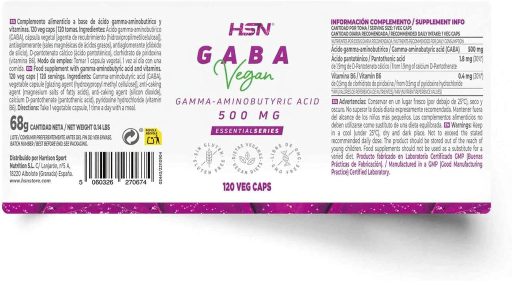 HSN GABA 500mg Vegan + Vitaminas B6 y Ácido Pantoténico - 120 cápsulas