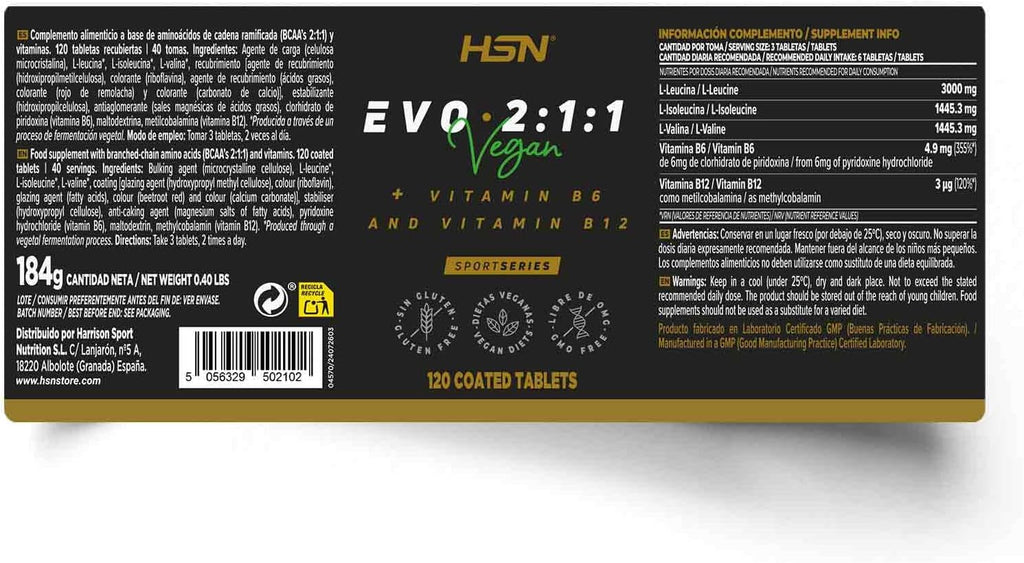HSN Evo 2:1:1 (BCAA's 2:1:1 + Vitaminas B6 y B12) - 120 tabletas