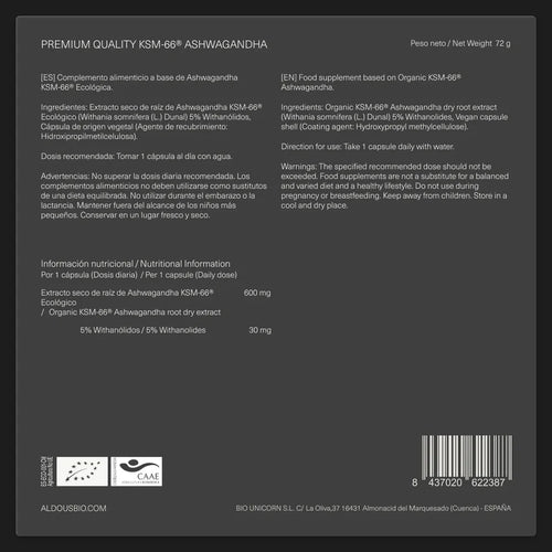 Ashwagandha KSM-66® Ecológica - Estrés, Ansiedad y Energía Mental y Física - 100 Cápsulas Vegetales Aldous