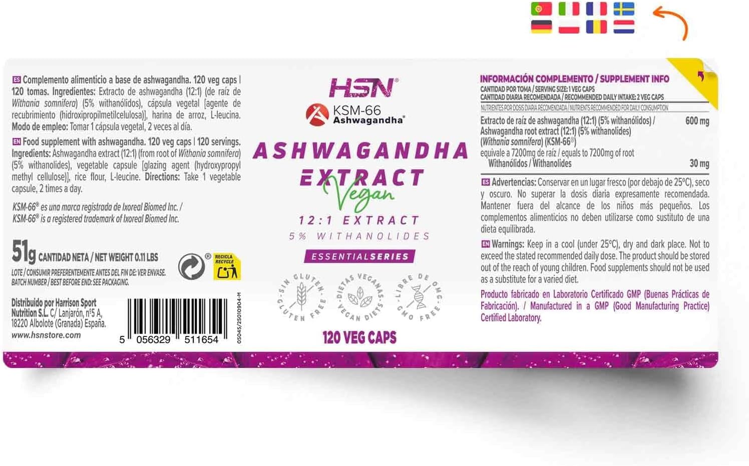 HSN Extracto de Ashwagandha KSM-66® (12:1) 300mg - 120 Cápsulas Veganas