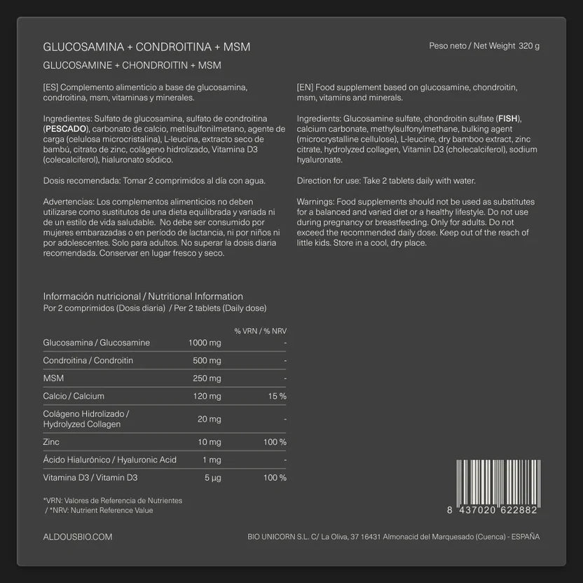 Glucosamina con Condroitina y MSM - Articulaciones, Cartílago y Movilidad - 200 Comprimidos Aldous