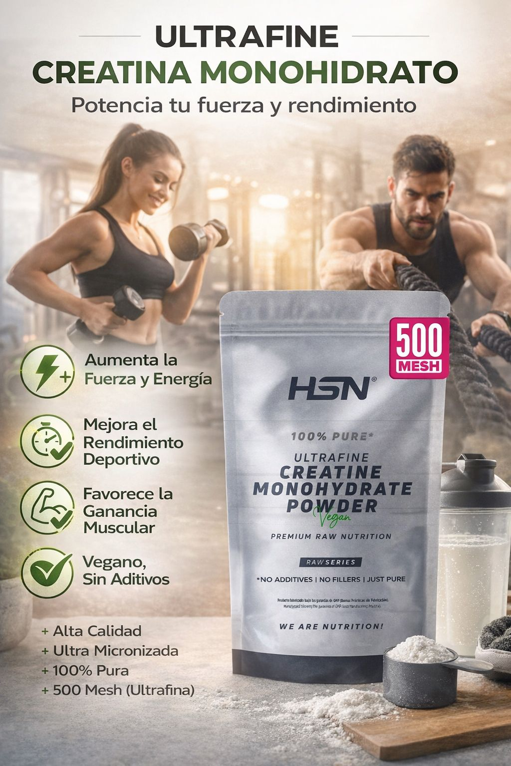 HSN Creatina Monohidrato Ultrafina en Polvo (500 Mesh) 500g