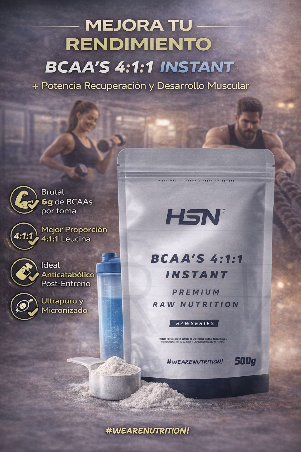 HSN BCAA's Instantáneo 4:1:1 2.0 - 500g Sin Sabor