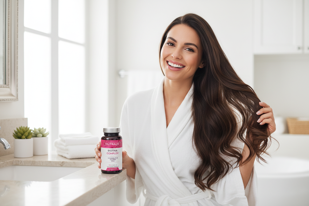Estilo de vida - Mujer con cabello saludable y Biotina Complex
