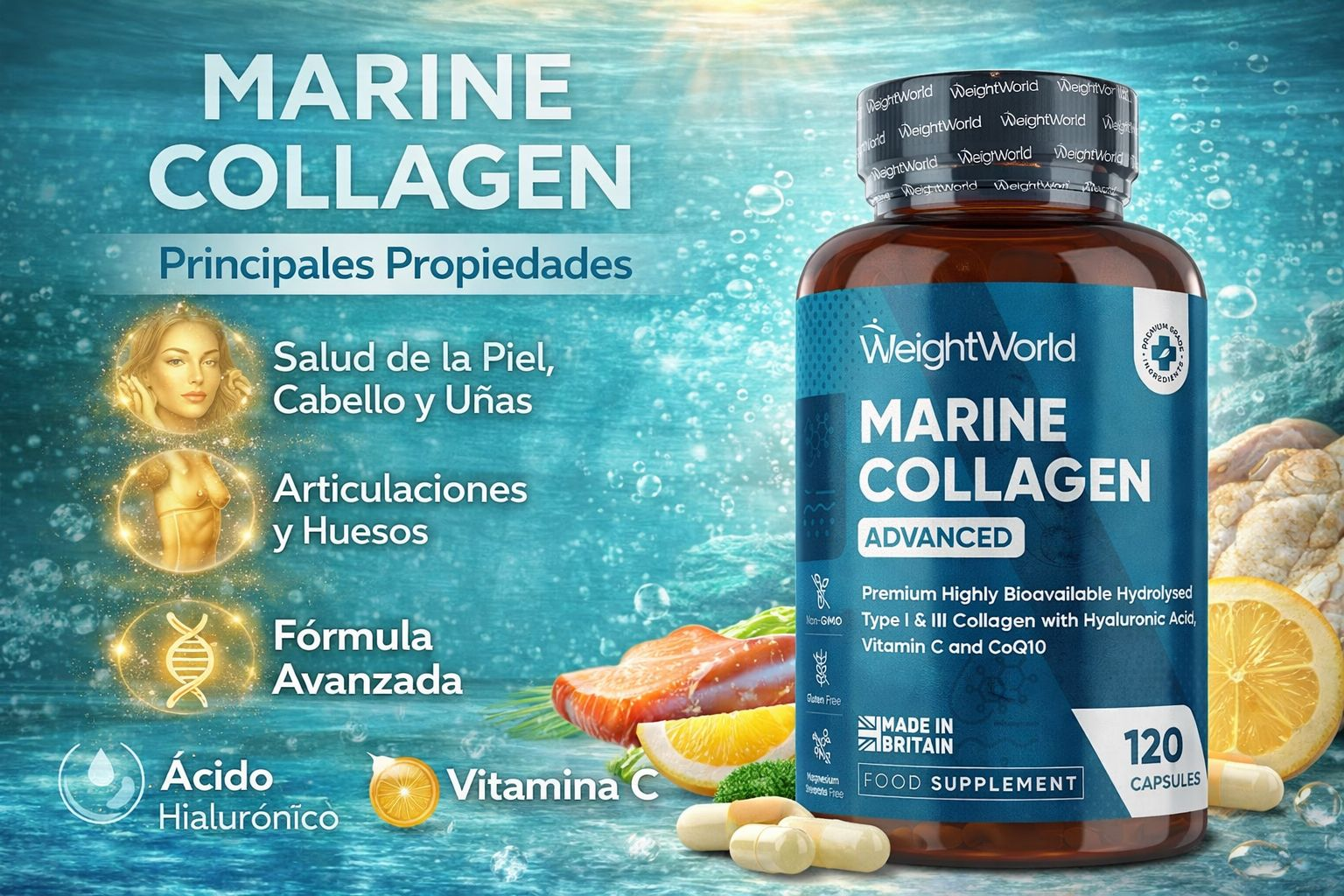 WeightWorld Colágeno Marino Hidrolizado Tipo I y III con Ácido Hialurónico, Vitamina C y CoQ10 - 120 Cápsulas