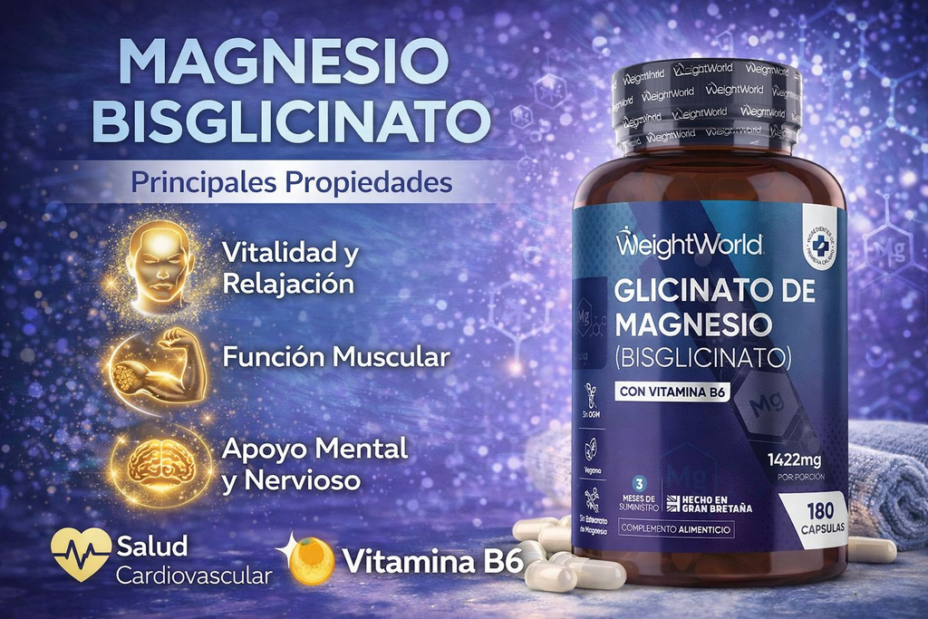 WeightWorld Glicinato de Magnesio (Bisglicinato) con Vitamina B6 - 200mg Magnesio - 180 Cápsulas