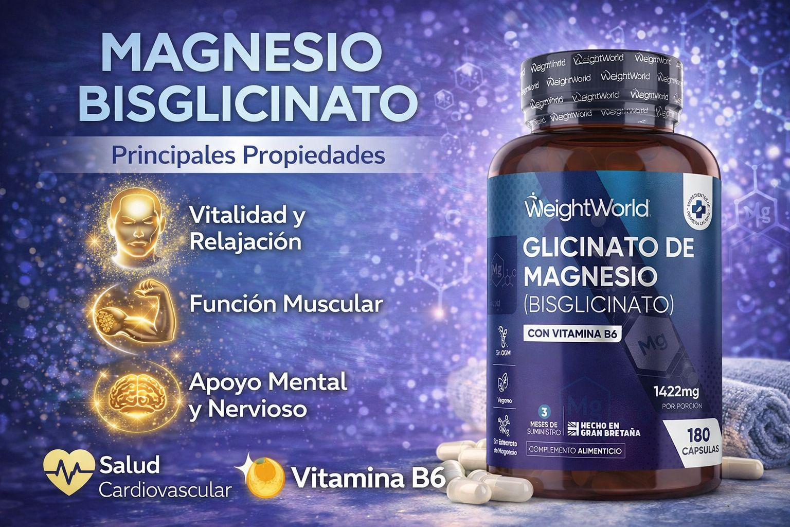 WeightWorld Glicinato de Magnesio (Bisglicinato) con Vitamina B6 - 200mg Magnesio - 180 Cápsulas