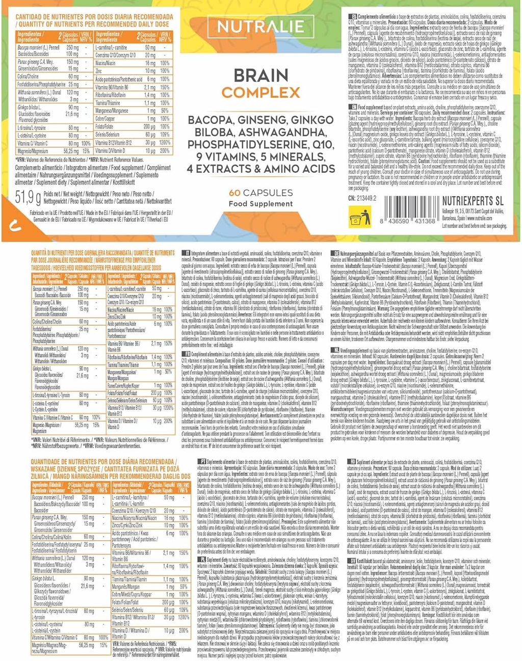 Brain Complex | Bacopa, Ginseng, Ginkgo, Ashwagandha, Fosfatidilserina, Q10 | 60 Cápsulas | Nutralie