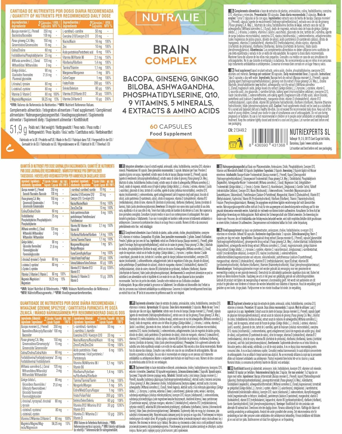 Brain Complex | Bacopa, Ginseng, Ginkgo, Ashwagandha, Fosfatidilserina, Q10 | 60 Cápsulas | Nutralie