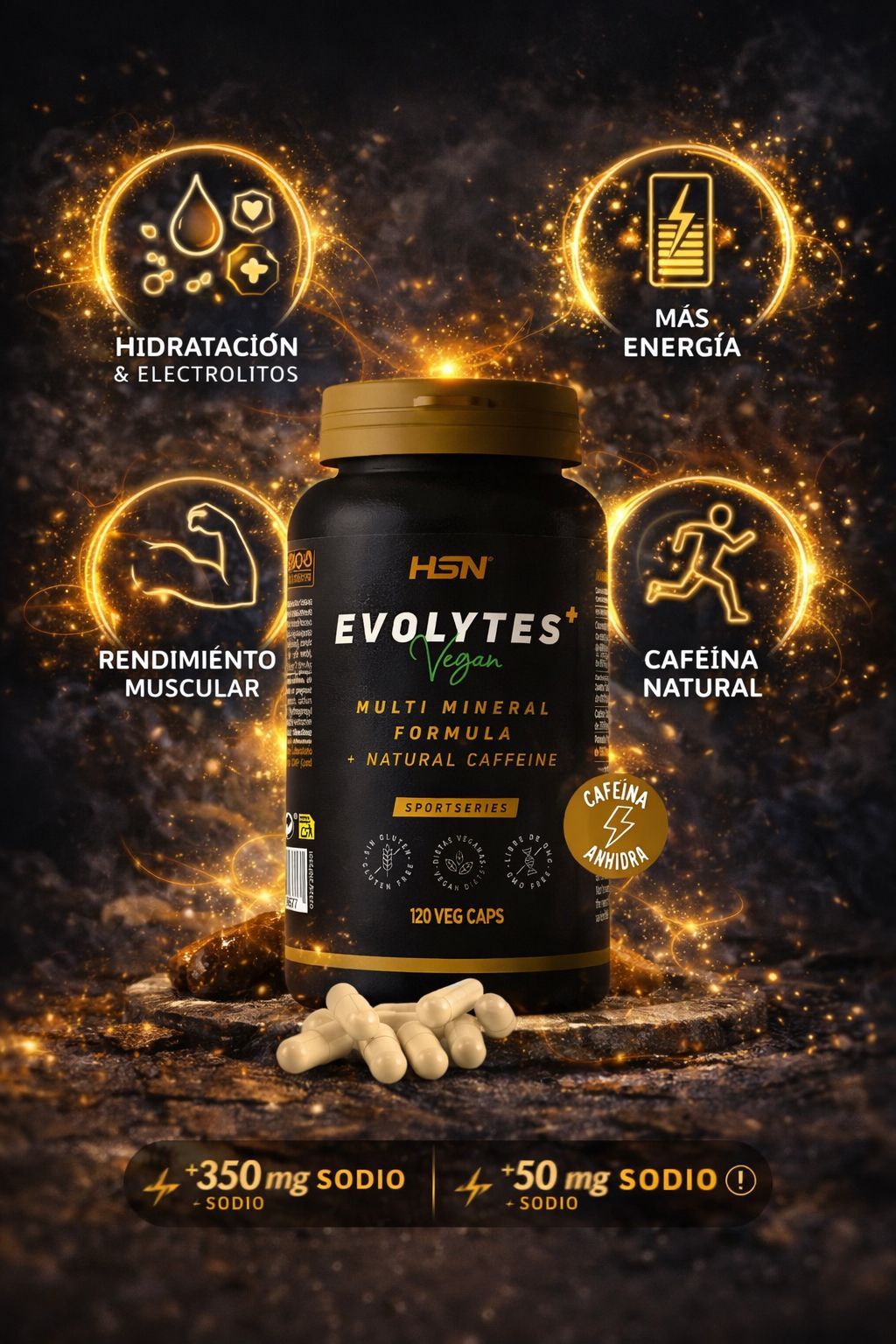 HSN Evolytes Plus+ Electrolitos + Cafeína - 120 Cápsulas Veganas