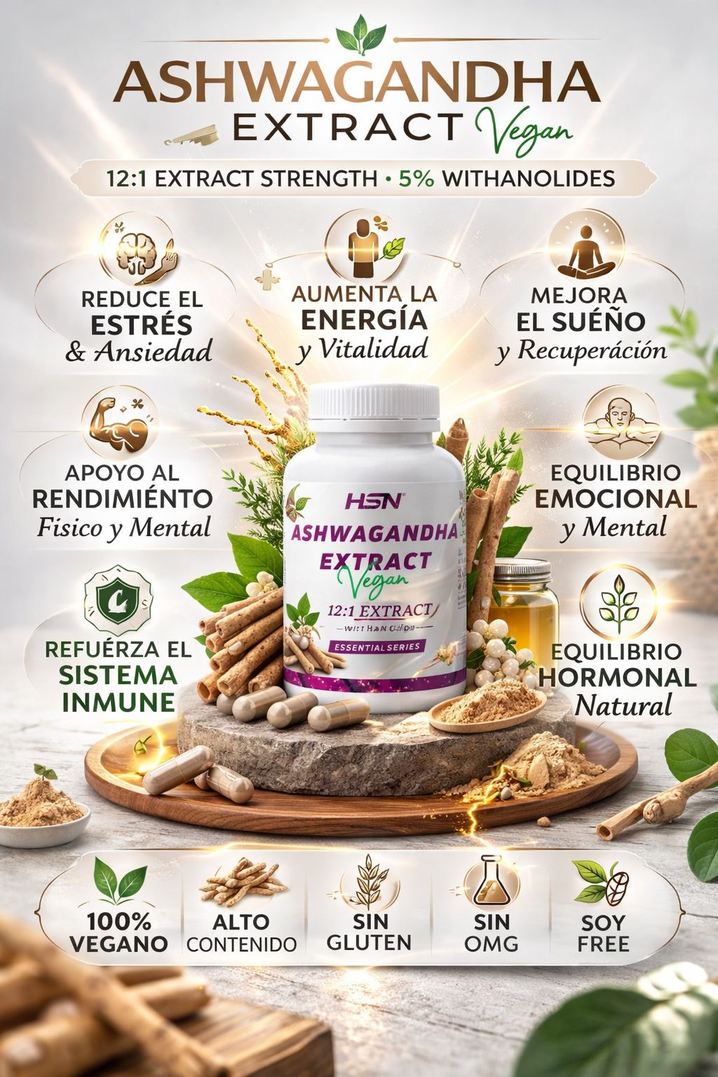 HSN Extracto de Ashwagandha KSM-66® (12:1) 300mg - 120 Cápsulas Veganas