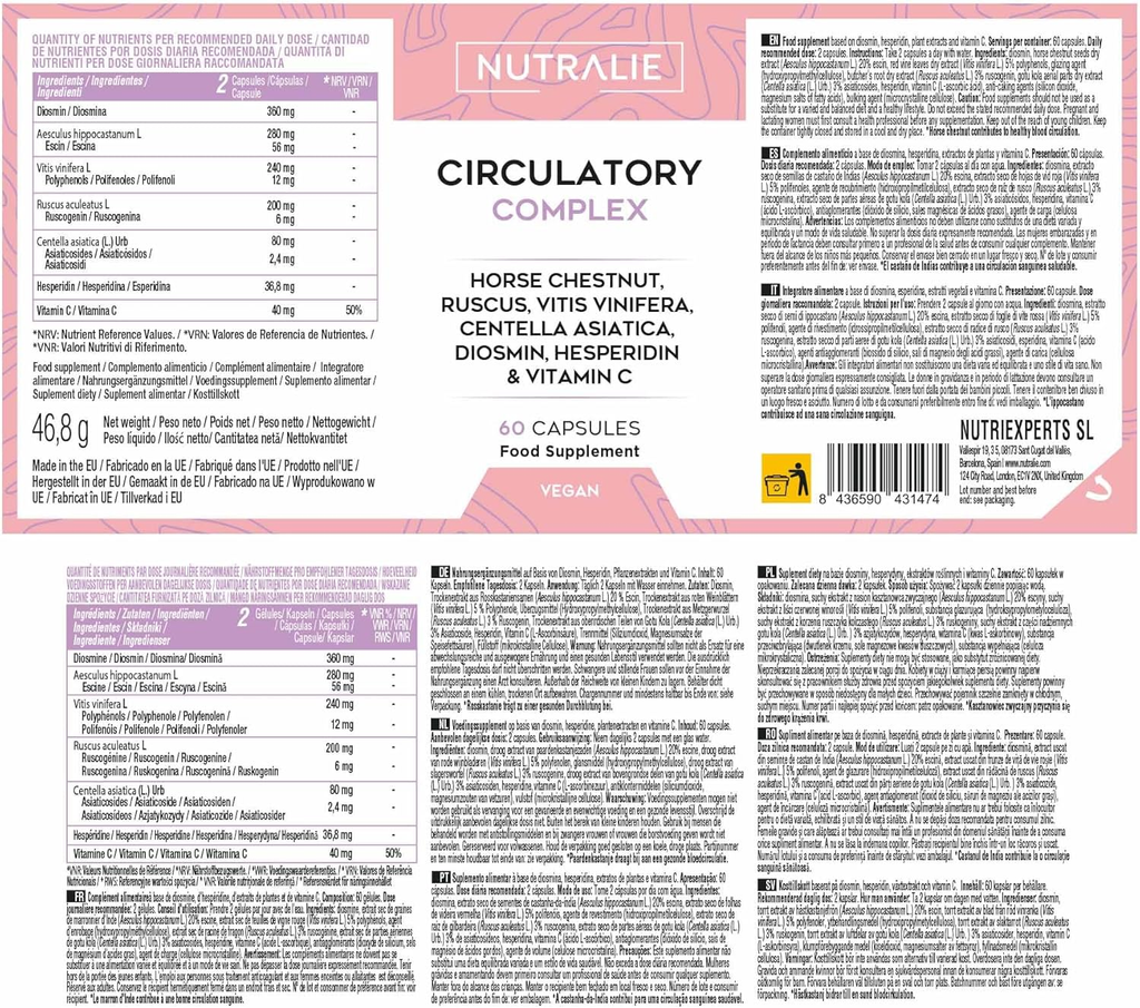 Circulatory Complex | Castaño de Indias, Rusco, Vid Roja, Centella Asiática, Diosmina y Vitamina C | 60 Cápsulas | Nutralie