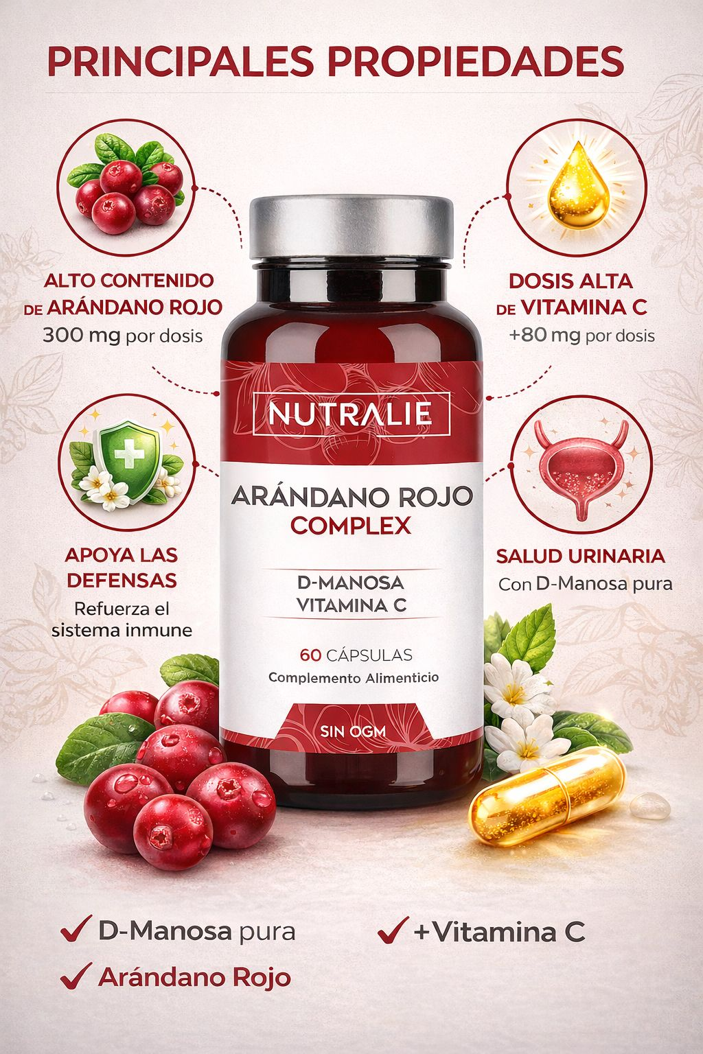 Arándano Rojo + D-Manosa – Infección Urinaria y Cistitis – Salud de la Vejiga – Con Vitamina C – 60 Cápsulas Nutralie