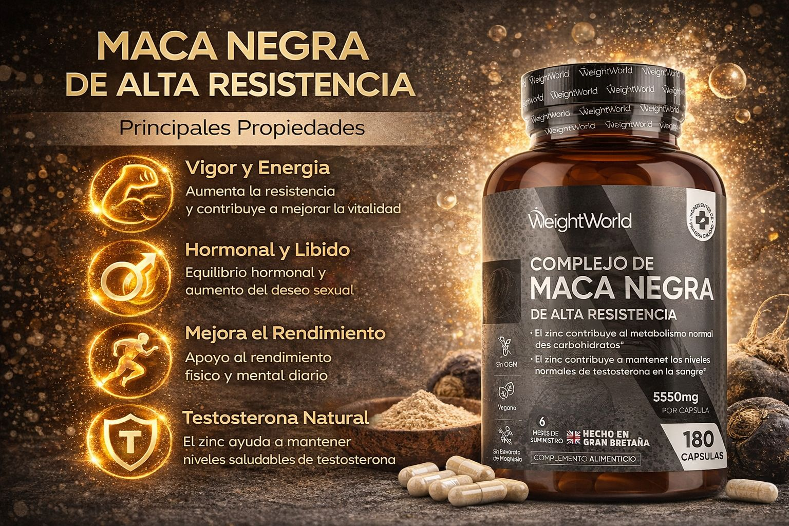 WeightWorld Maca Negra Complex 5550mg con Ginseng, L-Arginina y Zinc - 180 Cápsulas