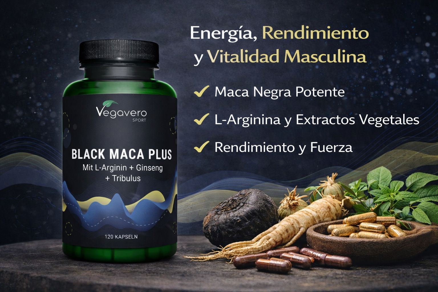 VEGAVERO Maca Negra Plus con L-Arginina + Ginseng + Tribulus. 120 Cápsulas.