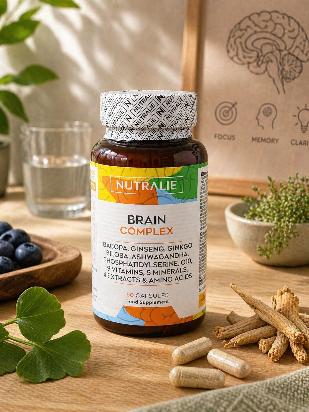 Brain Complex | Bacopa, Ginseng, Ginkgo, Ashwagandha, Fosfatidilserina, Q10 | 60 Cápsulas | Nutralie