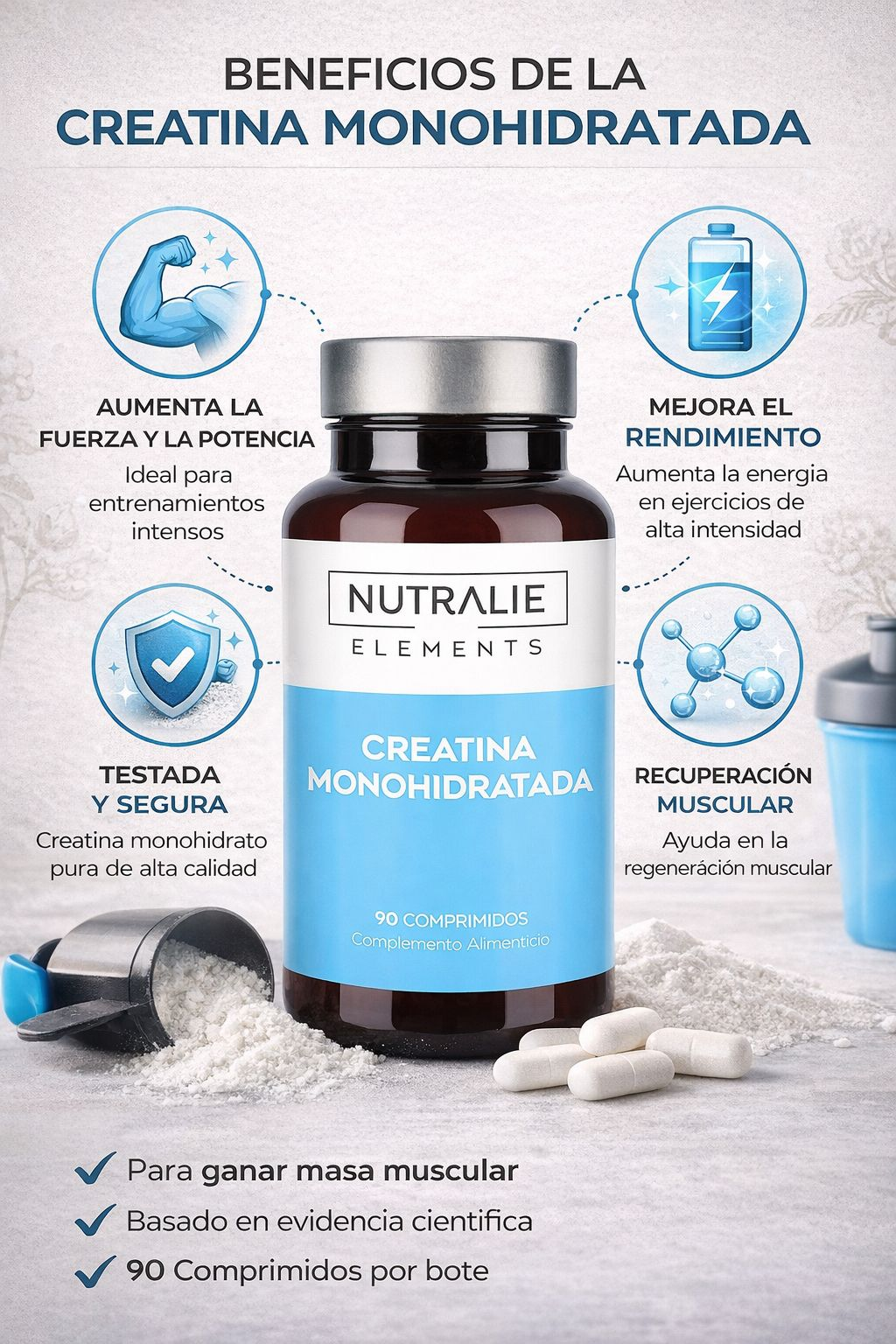 Creatina Monohidrato 100% – Fuerza y Masa Muscular – Rendimiento Deportivo y Recuperación – 90 Cápsulas Nutralie