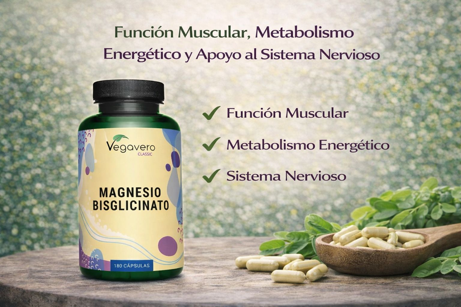 VEGAVERO Magnesio Bisglicinato. 180 Cápsulas.