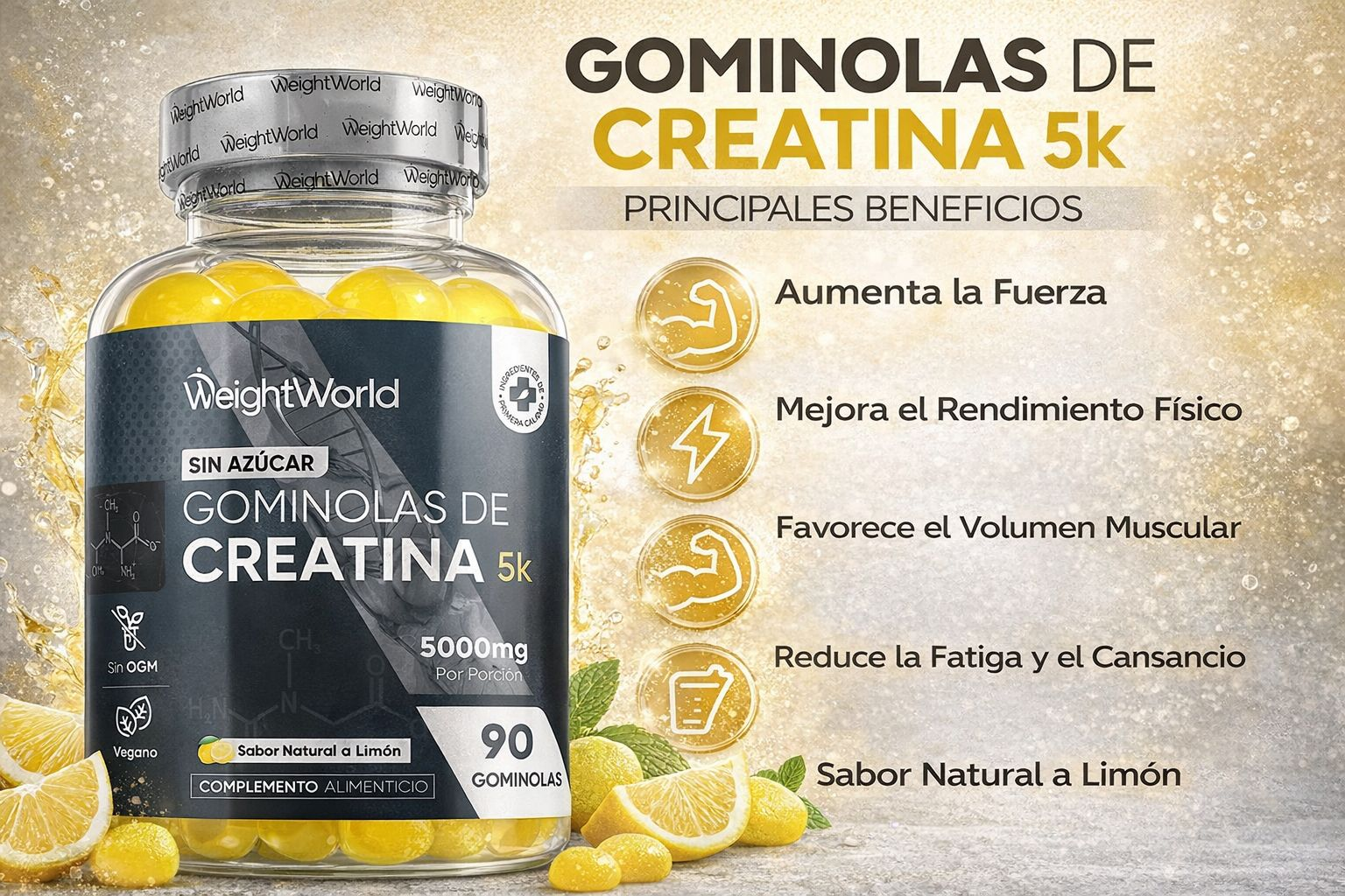 WeightWorld Gominolas de Creatina 5000mg Sabor Limón - Sin Azúcar - 90 Gominolas